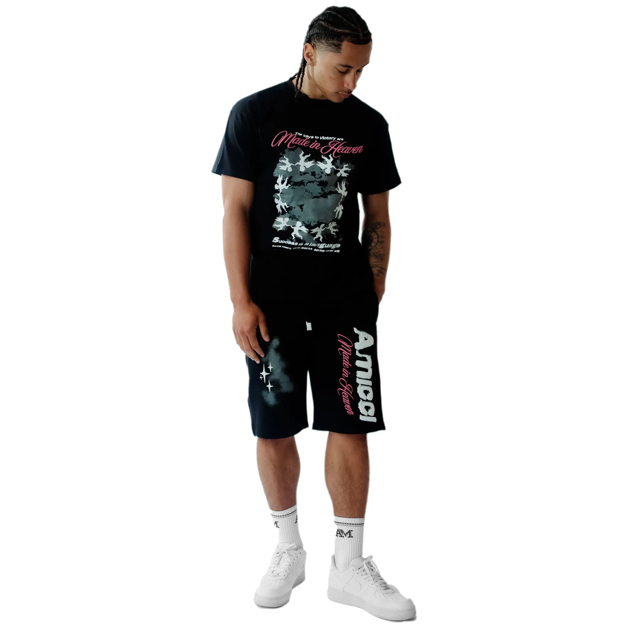 Model view of Amicci Angeli Graphic Black Shorts
